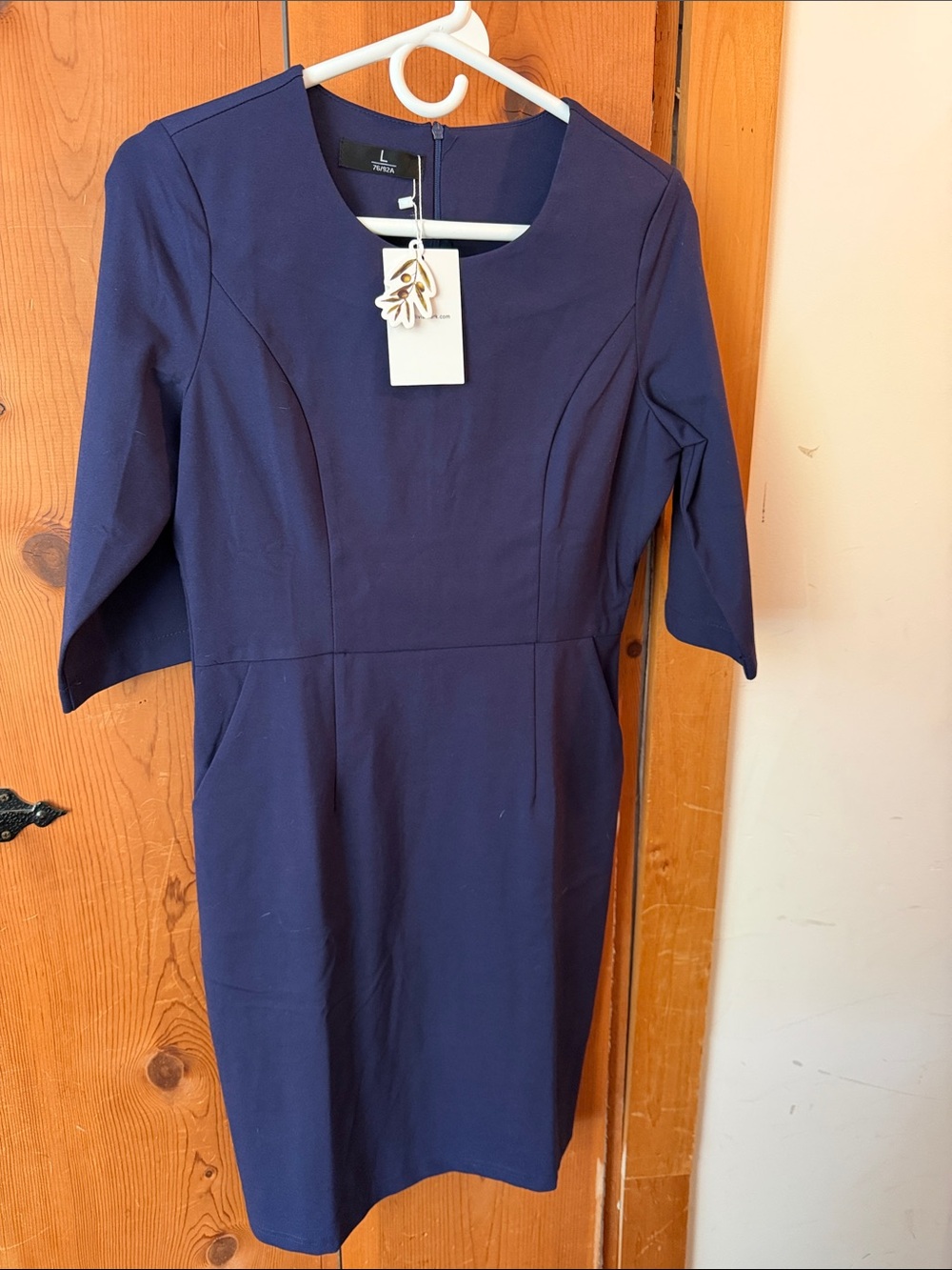 Classic Navy Midi Sheath Dress with Elbow Sleeves